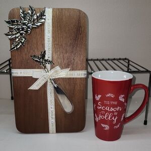Wooden Cheese Board with Spreader and Red Mug